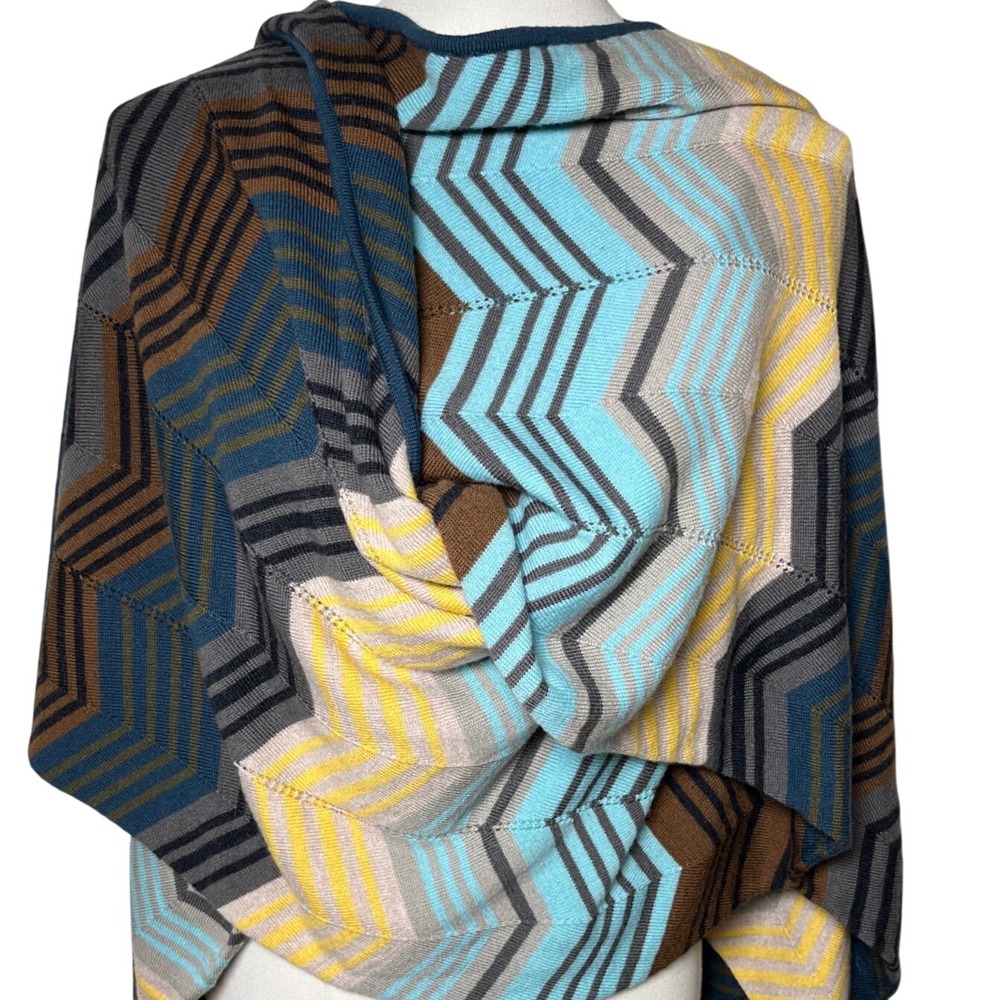 Perse Merino Wool Chevron Zigzag Knit Draped Poncho Wrap S - Picture 8 of 8